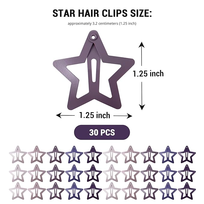 30 Pcs Metal Star Hair Clips 2000s Y2K Snap Barrettes 1.25 In Non Slip Star Hair Accessories for Women,Matte Multiple Purple