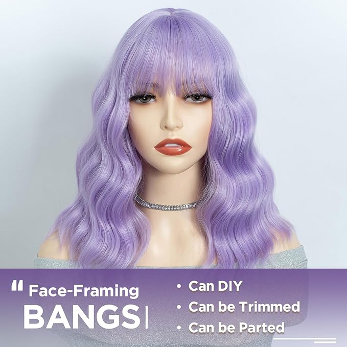 NOBLE Short Curly Purple Bob Wig with Bangs for Girls and Women Shoulder Length Heat Resistant Synthetic Wig Bob Curly Loose Wavy Hair Wigs for Halloween Cosplay 12 Inches