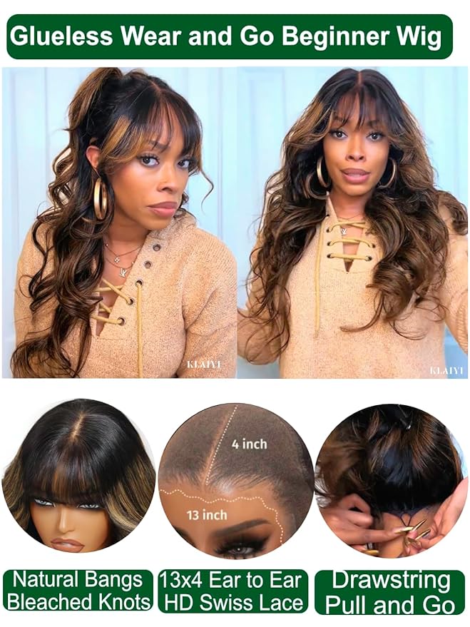 KLAIYI Ombre Brown Loose Body Wave Pre Everything Glueless 13x4 HD Lace Front Human Hair Wig with Natural Bang Highlight Balayage Brown Precut Lace Pre Plucked Bye Bye Knots Drawstring Wig 180% 26Inch