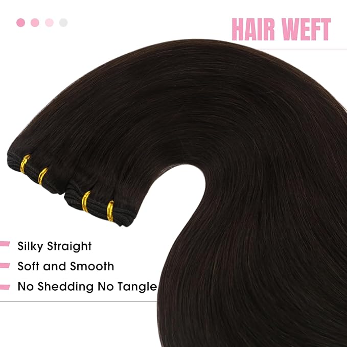 YoungSee Dark Brown Hair Extensions Weft Human Hair Sew in Extensions Darkest Brown Weft Hair Extensions Human Hair for Women 16Inch 100G