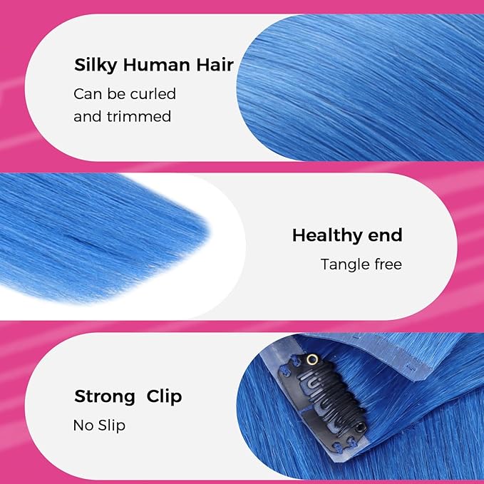 Lashey Seamless Clip in Hair Extensions Human Hair 46g 4pcs 18 Inch Blue Straight Hair Extensions Clip ins with Invisi Edge