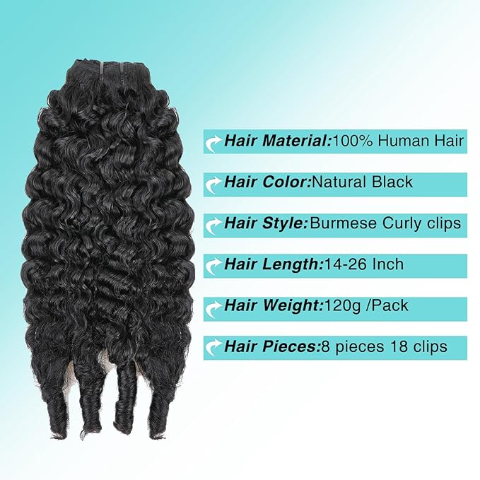 Burmese Curly Clip In Hair Extensions Real Human Hair 8pcs 120g/Set Spirally Curly Classic Clips Ins Full Head For Black Women 18 Inch Natural Black