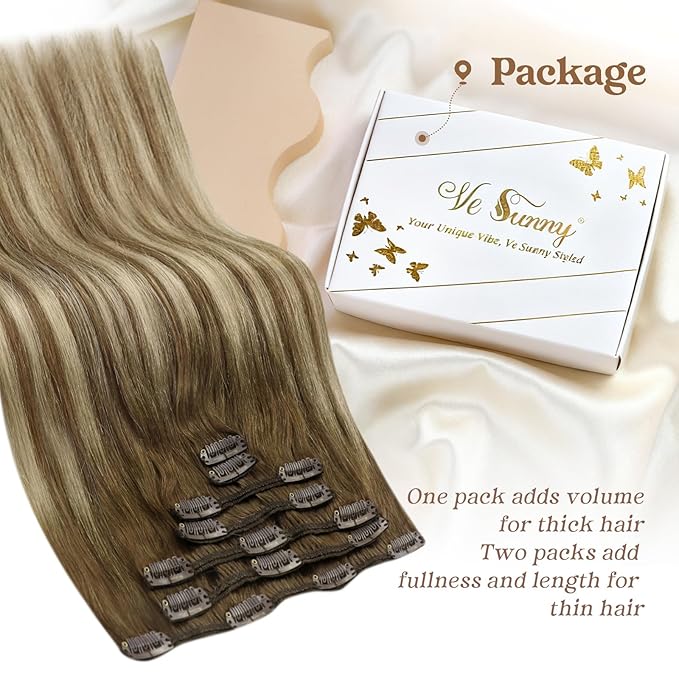 Ve Sunny Balayage Clip in Hair Extensions Real Human Hair Brown Blonde Human Hair Clip in Extensions Balayage Chestnut Brown with Blonde Ombre Clip in Human Hair Extensions 80g 5pcs 12Inch