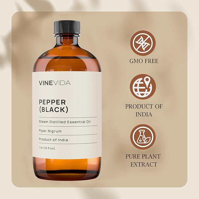VINEVIDA Black Pepper Essential Oil 16 oz - Undiluted Oil - DIY Candle Scents - Bulk Oil for Soap Making - Safe for Skin
