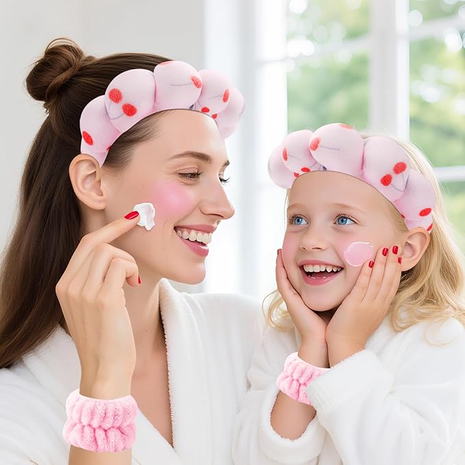 Zkptops Spa Headband for Washing Face Wristband Set Sponge Makeup Skincare Headband Velvet Fabric Bubble Soft Get Ready Hairbands for Women Puffy Headwear Non Slip Thick Thin Hair Accessory (Cherries)