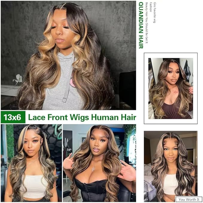 FB/27 Balayage Highlight Lace Front Wig Human Hair 13x6 HD Lace Front Wigs Human Hair Body Wave Wig 180% Density Glueless Wig for Black Women Colored Wigs Human Hair 20 Inch Highlight Wig