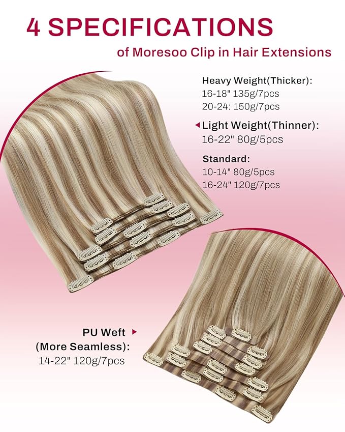 Moresoo Clip in Hair Extensions Brown with Blonde Highlights Double Weft Real Human Hair Clip in Extensions 16 inch Medium Golden Brown with Platinum Blonde Remy Straight 80g/5pcs