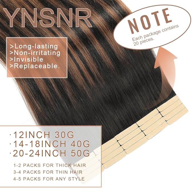 Tape in Hair Extensions Human Hair 16 Inch 20pcs Invisible Tape ins Hair Extensions Real Human Hair Natural Black Mixed Chestnut Brown Remy Seamless Injected Tape Extensions