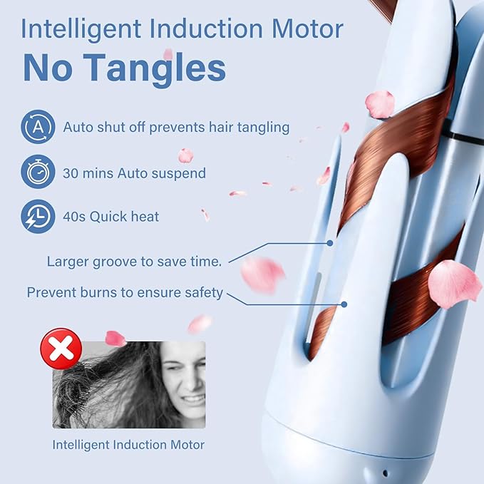 JAMIEWIN Automatic Hair Curler, 28mm Rotating Curling Iron with 3 Temperatures, Fast Heating Curling Tongs Anti-Scald, Anti-Tangle Curling Wand with Negative Ions for Medium Long Hair Blue