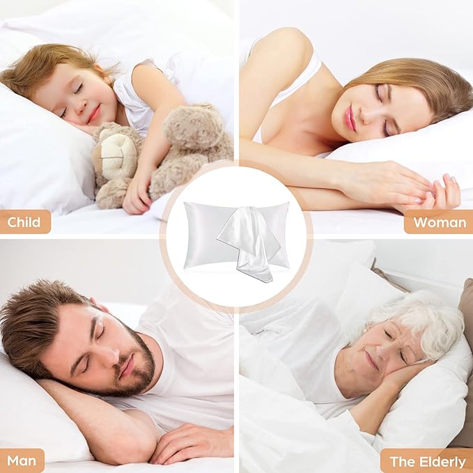Silk Pillowcase for Hair and Skin, 2 Pack 100% Mulberry Silk Pillowcase 25 Momme, 600 Thread Count, Both Side Pure Silk Pillow Cover with Hidden Zipper (White, King 20''×36'')