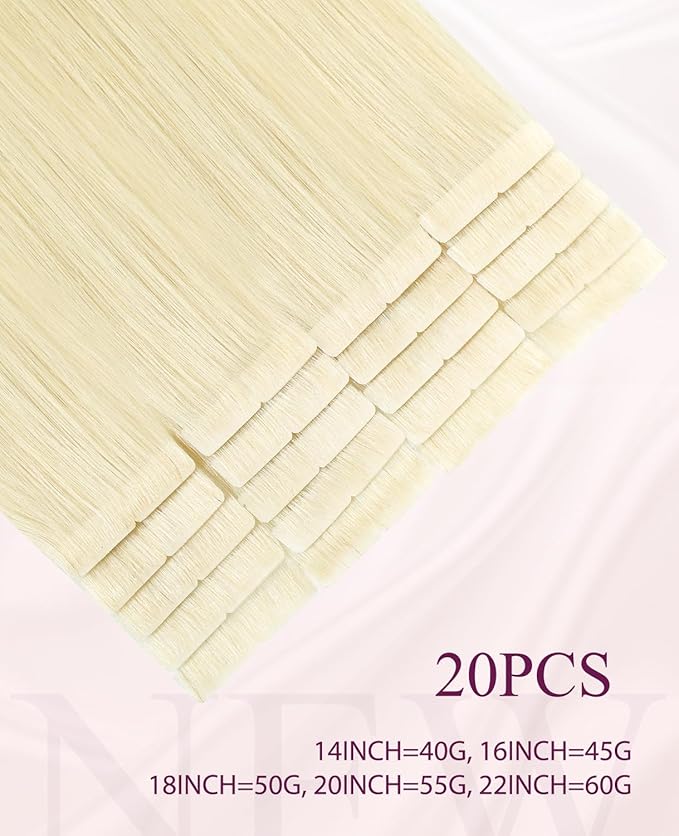 Pinkpearl Invisible Tape in Hair Extensions Human Hair, 20pcs 18inch 50g #60 Platinum Blonde Injection Tape in Extensions Real Remy Straight Seamless Silky Human Hair Injected
