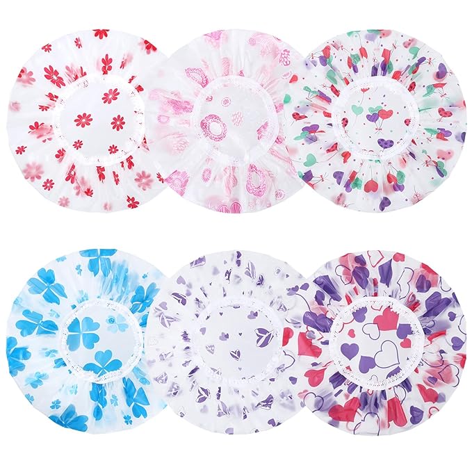 Pengxiaomei 6 Pcs Shower Cap, Reusable Waterproof Hair Cap Shower Caps Stocking Stuffers for Women Men Kids