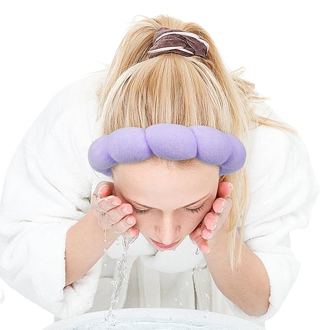 Zkptops Spa Headband for Washing Face Wristband Set Sponge Makeup Skincare Headband Terry Cloth Bubble Soft Get Ready Hairband Women Girl Puffy Padded Headwear Non Slip Thick Hair Accessory(Purple)