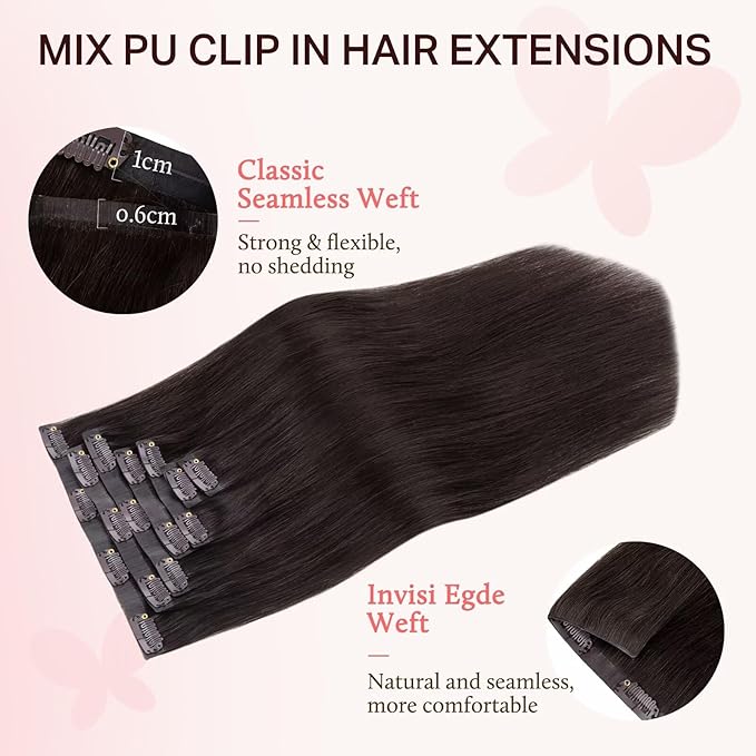 DOORES Clip in Hair Extensions Set 16 Inch 130g, 4pcs Invisi Edge Clip ins and 3pcs Classic Seamless Clip ins, Injected Virgin Real Human Hair Extensions Natural Invisible Straight, #2