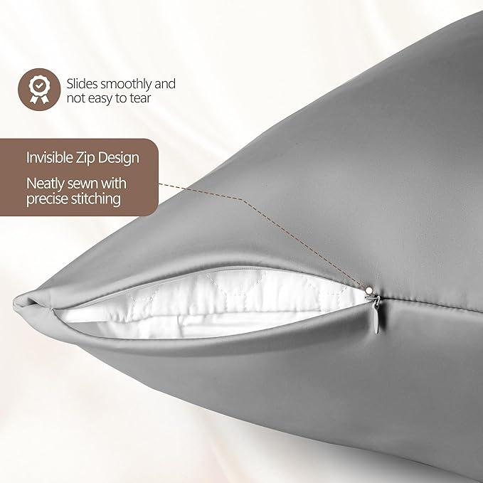 Set of 2 100% Mulberry Silk Pillow Cases - 6A Luxury Silk Pillowcase for Hair and Skin – Anti-Wrinkle, Cooling & Smooth, Hidden Zipper –Grey Silk Pillowcases 2 Pack (Gray, Standard)