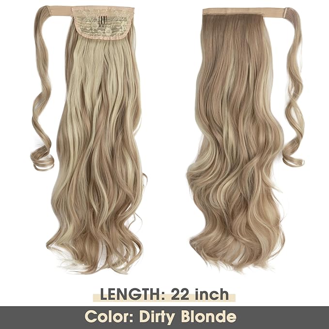 CJL HAIR 22" Long Ponytail Hair Extension Wrap Around Pony Tail Clip in Curly Wavy Synthetic Fake Hairpiece for Women Dirty Blonde