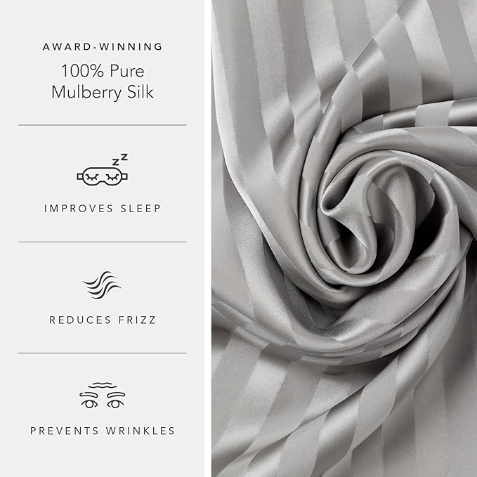Fishers Finery 25mm 100% Pure Mulberry Silk Pillowcase (Gray Stripe King)