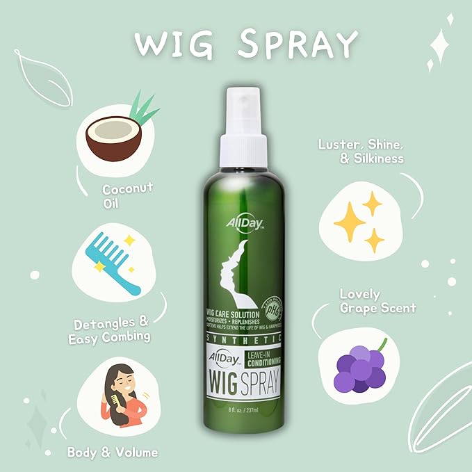 AllDay Locks Synthetic Wig Spray (8 oz) | Revitalizing & Refreshing Leave-In Conditioner | Smoothens, Detangles & Nourishes | Cleanses, Softens and Revitalizes Synthetic Hair | 8 oz