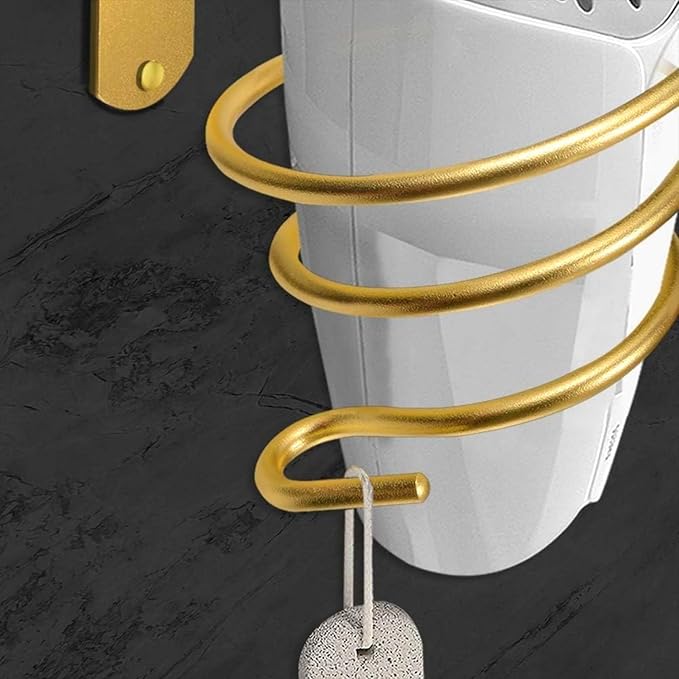 YWHWXB Hair Dryer Holder,Wall Mounted Spiral Hair Dryer Shelf,Bathroom Stainless Steel Hair Dryer Bracket,Self-Adhesive Hair Dryer Storage Rack (Gold)