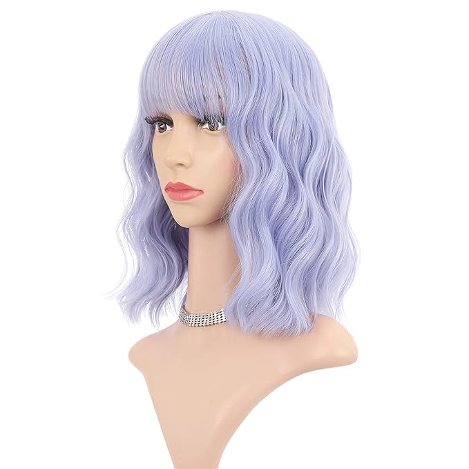 FAELBATY Light Blue Wave Bob Wigs With Bangs Synthetic Cosplay Wig for Women Girls Shoulder Length Costume Wigs Mixed Blue(12" Light Gray Blue)