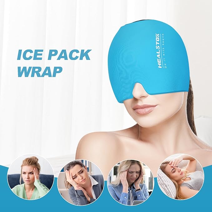Head Ice Hat, Ice Cap for Head, Ice Head Wrap, Cold & Hot Therapy Reusable 360 Compression Flexible Ice Pack Wrap. Blue