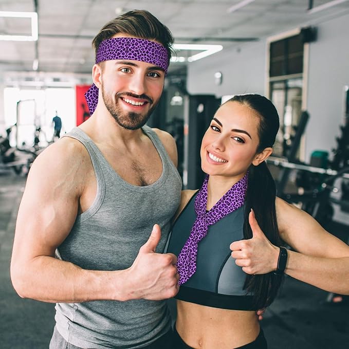 Men Women Fashion Sports Sweat Bands Hand Decor for Running Fitness Shower, Long Multi Style Purple Cheetah Leopard Print Head Ribbon Headwear