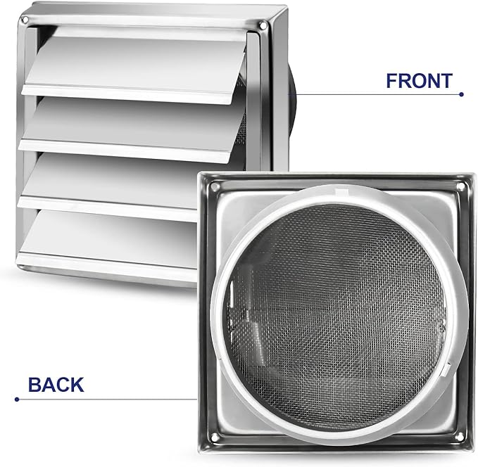 Funmit 6'' Metal Dryer Vent Cover, 7"x7" Outside Dimensions with Metal Mesh Screen, Outdoor Stainless Steel Louvered Vent Cover Includes 4 Screw for Easy Installation