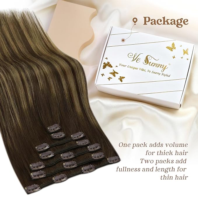 Ve Sunny Clip in Hair Extensions Real Human Hair, Human Hair Clip in Extensions, Balayage Clip in Hair Extensions Dark Brown Ombre Caramel Blonde, 12inch 5pcs 80g