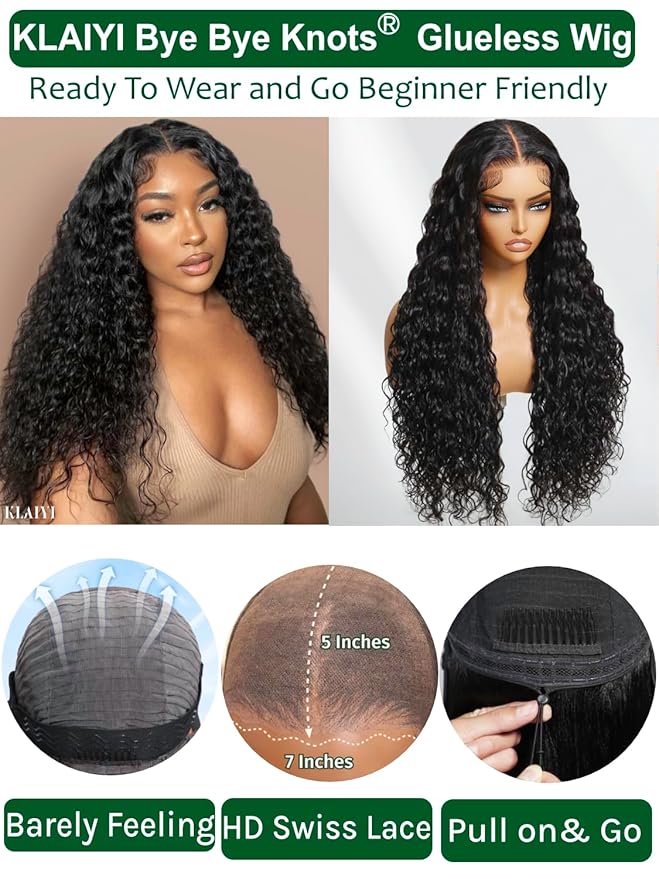 KLAIYI Water Wave Bye Bye Knots Glueless Wig Human Hair 7x5Precut Lace Front Pre Plucked Bleached Wear and Go Wig with Curly Baby Hair Drawstring 3S Ready to Go Pre Everything Beginner Friendly 22Inch