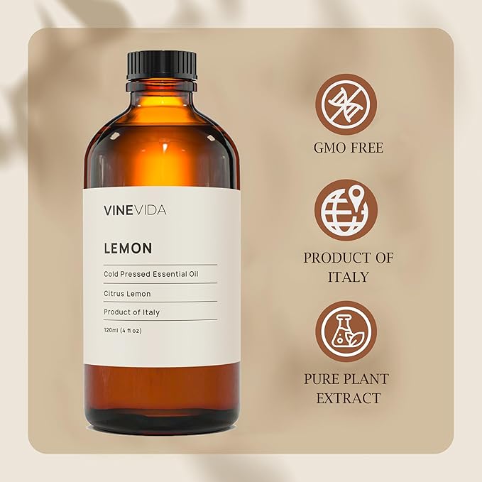 VINEVIDA Lemon Essential Oil 4 oz - Undiluted & DIY Candle Scents - Bulk Oil for Soap Making & Skin Safe