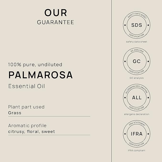 VINEVIDA Palmarosa Essential Oil 10 mL - Undiluted Candle Scent DIY Scents for Candlemaking Soap Making Safe Skin, Pack of 1,0.33 Fl Oz,10 milliliters