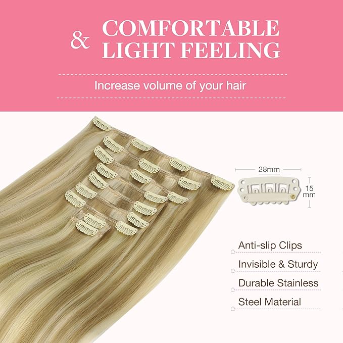 GOO GOO Clip in Hair Extensions Real Human Hair, Remy Human Hair Extensions Clip ins for Women, Natural Human Hair, 18inch 150g 9Pcs, 16/22 Light Blonde Highlighted Golden Blonde