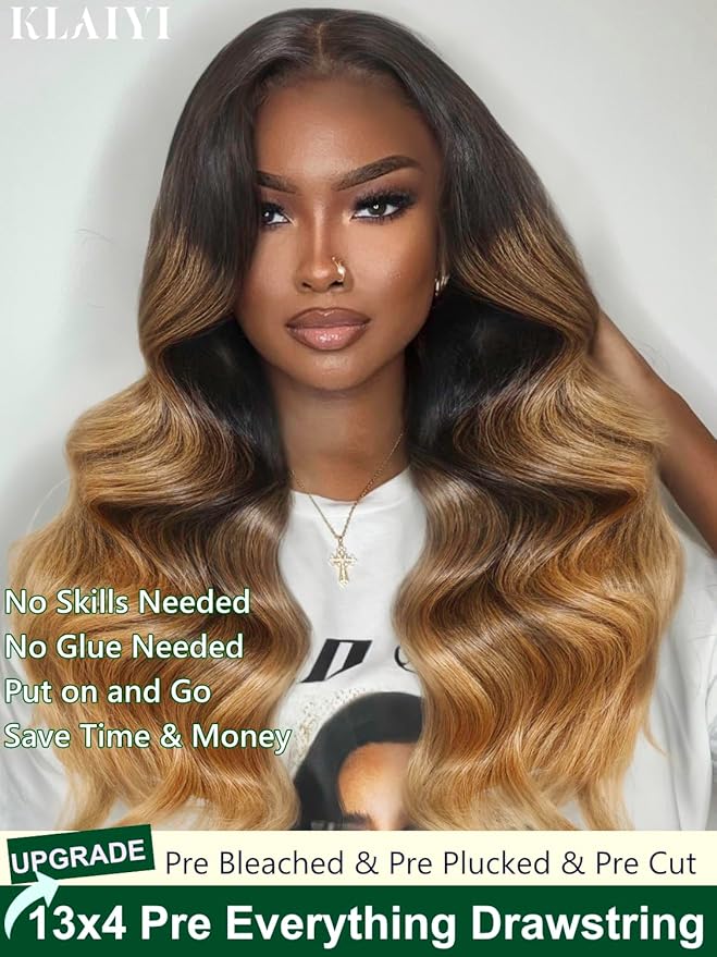 KLAIYI Ombre Highlight Blonde Loose Wave Pre Everything Glueless 13x4 Lace Front Wigs Human Hair Drawstring Balayage Brown Pre Cut Pre Plucked Bleached Ready to Wear and Go Wig with Dark Roots 16Inch