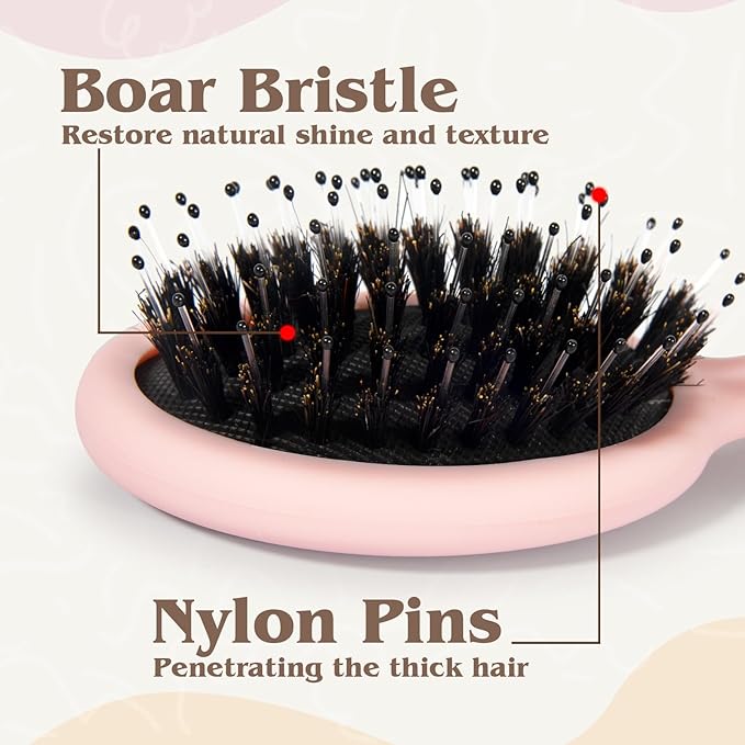 Mini Boar Bristle Hair Brush - Boar & Nylon Bristle Small Brush for Women Kids Long Short Hair to Smooth Add Shine - Travel Size Hair Brush for Purse,Pocket - Pink
