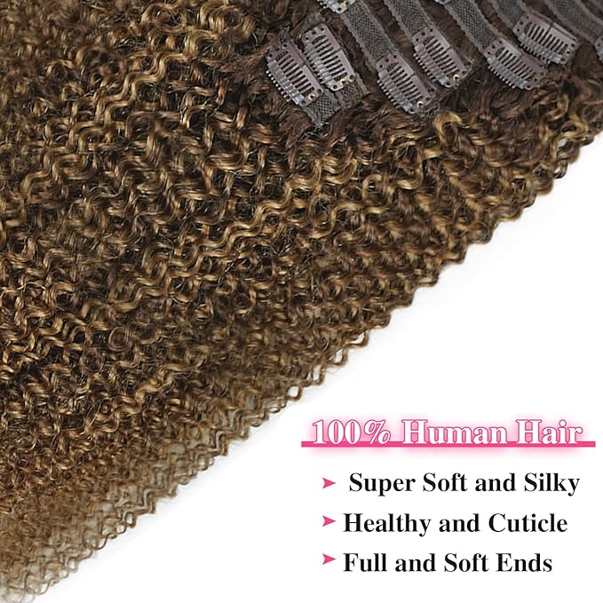 Kinky Curly Clip in Hair Extensions Real Human Hair 4/27/4 Omber Kinky Curly Clip ins For Women 3c 4a Brazilian Virgin Clip on Hair (14inch,#4/27/4)