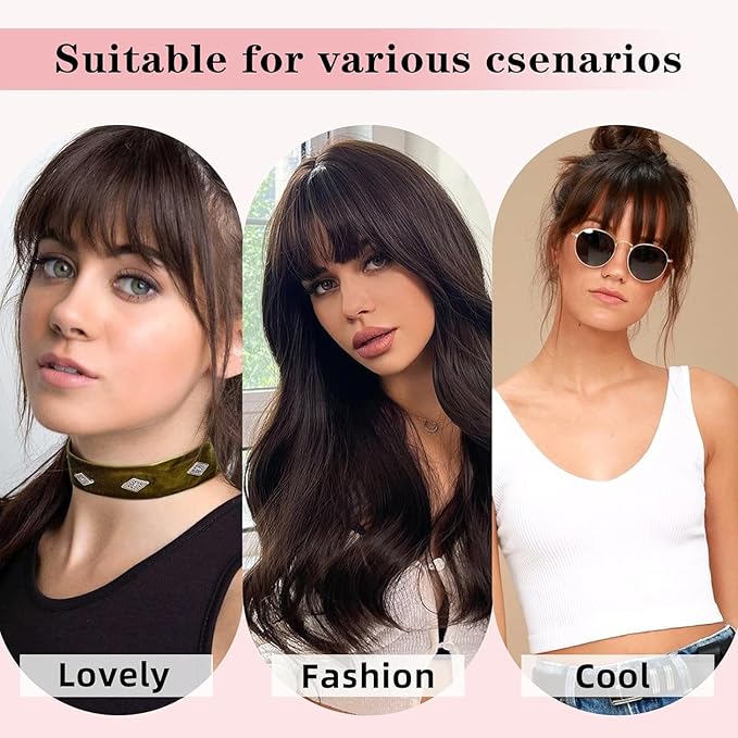 NAYOO Bangs Hair Clip- Brown Fake Bangs 100% Real Human Hair Extensions French Bangs for Women Fringe with Temples Hairpieces Curved Bangs for Daily Wear