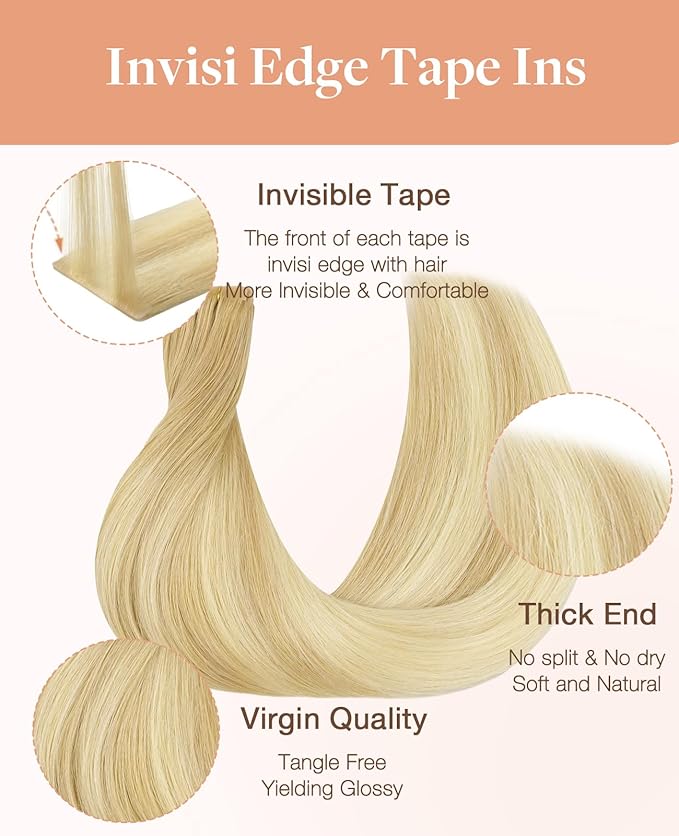 GOO GOO Invisi Edge Tape in Hair Extensions Human Hair, 18AT60A Pearl Ash Blonde Highlights10pcs injected with 10pcs classical tape ins, 16inch 50g, Virgin Remy Hair, Natural Look