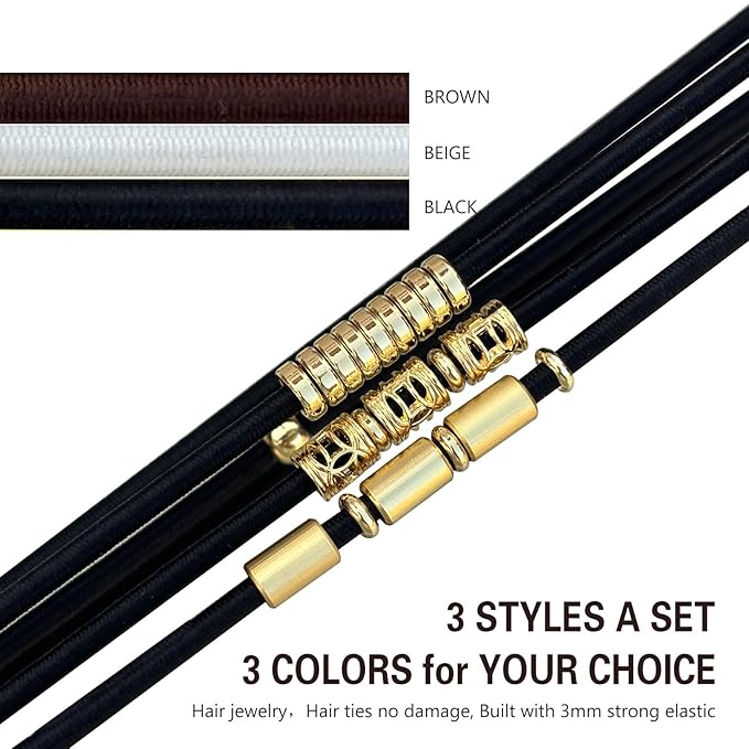 Black Extra Large Long Bracelet Hair Ties for Thick Curly Hair, 3 Pack 3mm Elastic Ponytail Holders Accessories for Women No Damage Stretchy Pony Tails Bands with Gold Metal Charms Beads
