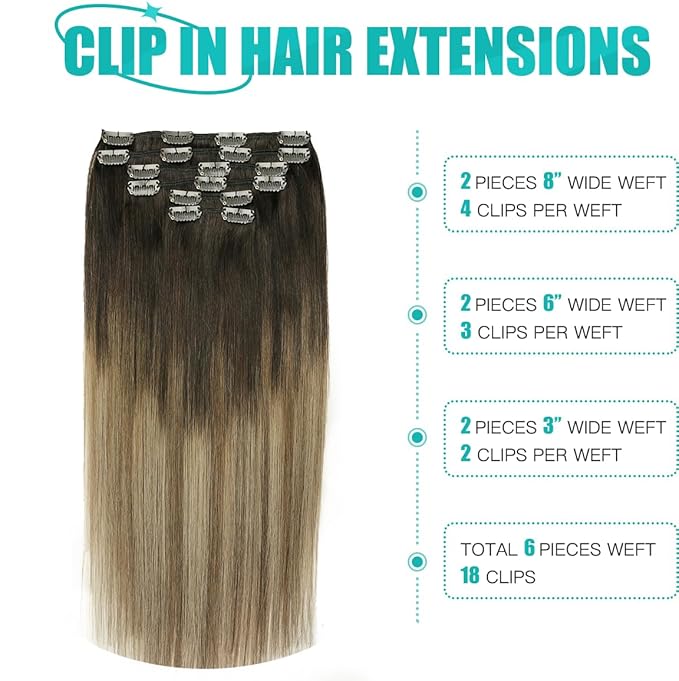 SURNEL Human Hair Clip in Extensions Balayage Dark Brown to Dirty Blonde Clip in Hair Extensions 14inch 6pcs 100g(#2/6/18,14'')