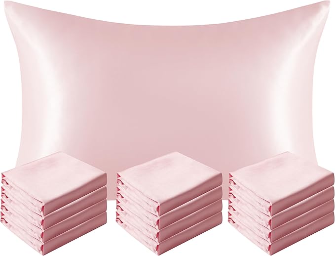 NTBAY 12 Pack Satin Queen Pillowcases for Hair and Skin, Luxurious and Silky Pillow Cases with Envelope Closure, 20 x 30 Inches, Light Pink