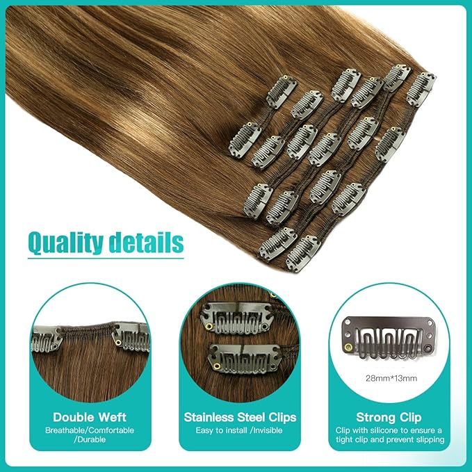 SURNEL Clip in Hair Extensions Chocolate Brown to Caramel Blonde Clip in Hair Extensions Human Hair 14 Inch 6pcs 100g(#4/27/4,14")