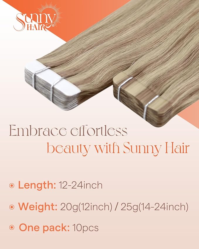 Sunny Hair Blonde Tape in Hair Extensions Human Hair Remy Hair Extensions Real Human Hair Tape in 14inch Human Hair Extensions Tape in 10Pcs 25g