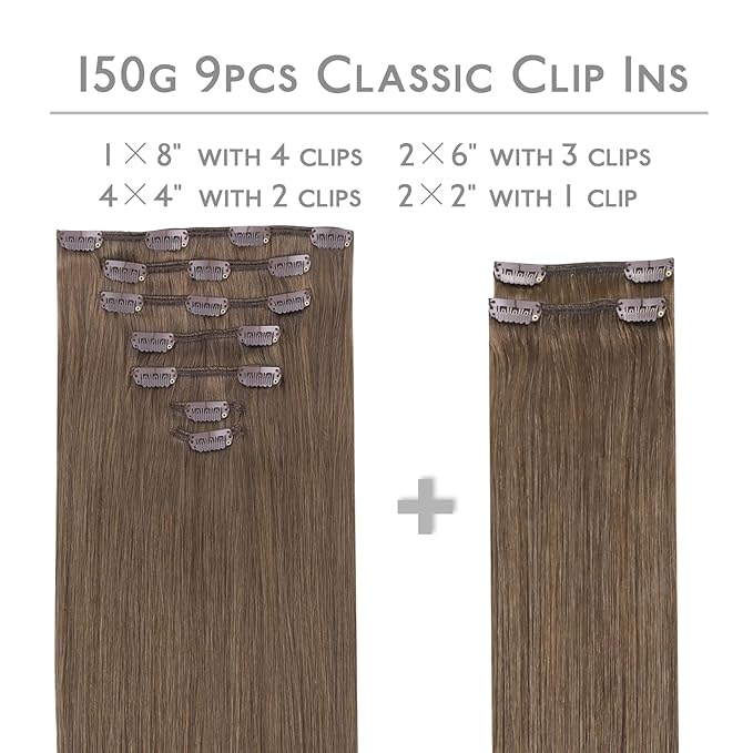 WENNALIFE Clip in Hair Extensions, 150g 18 Inch 9pcs Light Ash Brown Human Hair Extensions Thicker Clip in Hair Extensions Real Human Hair Clip Set Double Weft