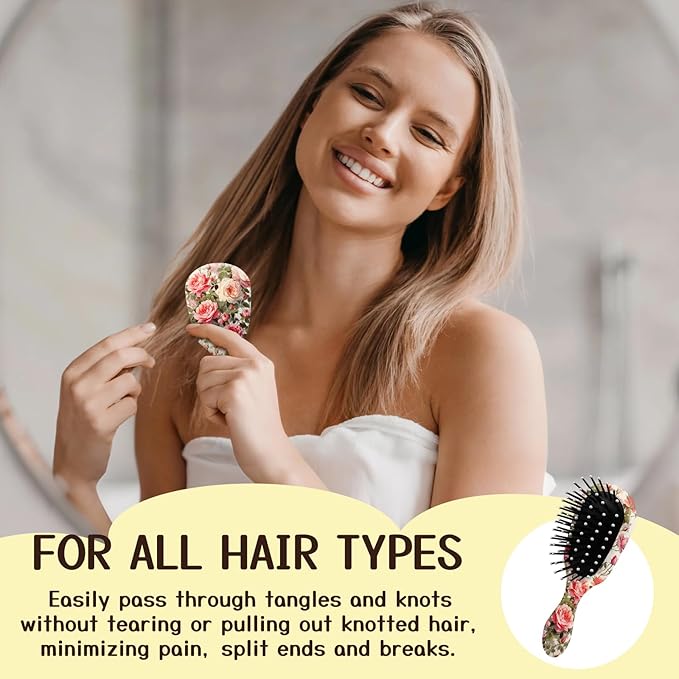 Mini Hair Brush,Cute Detangling Travel Hair Brush,Soft Bristles for Effortless Tangle Removal,Detangler Hairbrush for Women Men Boys Girls Kids Wet Dry All Hair Types (Pink White Roses, Mini)