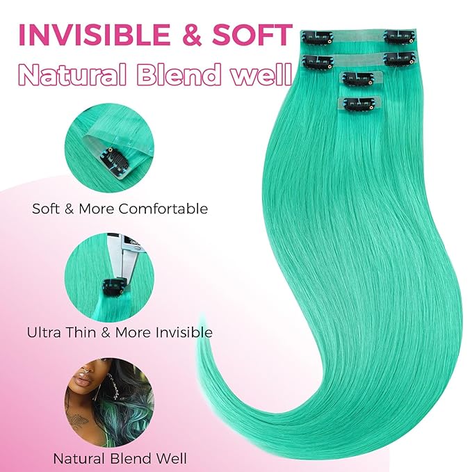 Lashey Green Clip in Hair Extensions Human Hair 4pcs 46g Straight Seamless Clip in Hair Extensions Human Hair with Invisi Edge 18 Inch