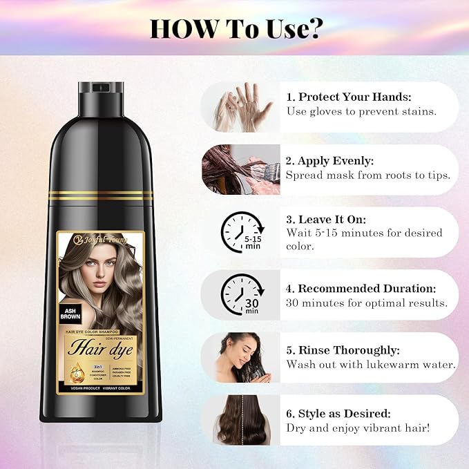 Natural Hair Dye Shampoo 3 IN 1, Gray Hair Coverage, Vegan, Ammonia-Free & Paraben-Free Hair Coloring Shampoo for Women & Men, Beard Dye for Men, Nourishing Gentle Easy to Use (ASH BROWN)