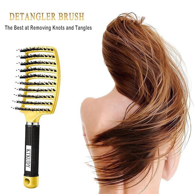 KTKUDY Detangling Brush Getting Knots Out without Pain - Boar Bristles HairBrush Make Hair Shiny & Healthier Vented Detangler Brush for Women Men Kids Wet and Dry Hair (Yellow & Gold)