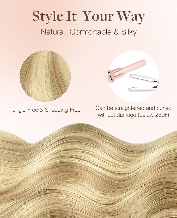 GOO GOO Invisi Edge Tape in Hair Extensions Human Hair, 16/22 Light Blonde Highlighted Golden Blonde 10pcs injected with 10pcs classical tape ins, 12inch 40g, Virgin Remy Hair, Natural Look