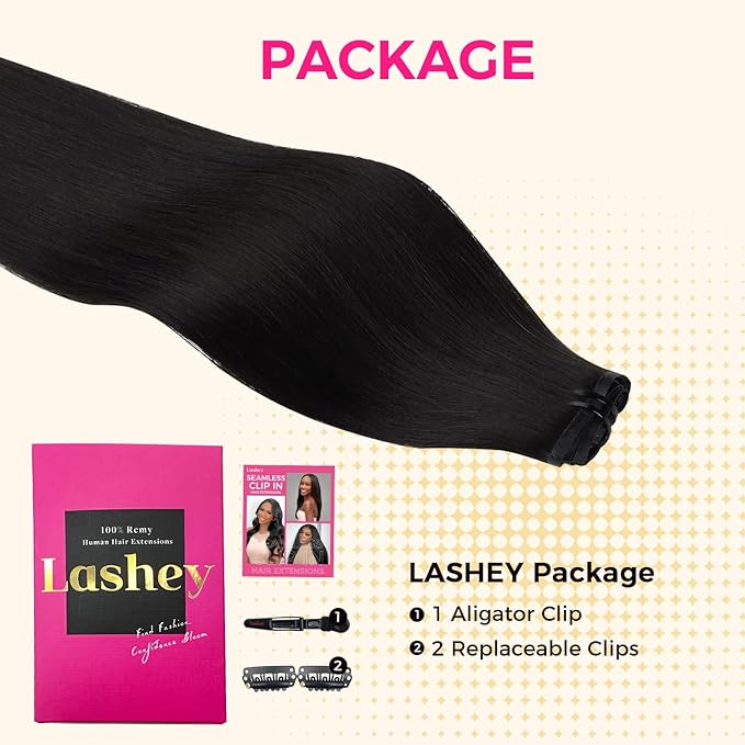 Lashey Seamless Clip in Hair Extensions Human Hair #1 Jet Black Light Yaki Straight Clip in Hair Extensions Real Human Hair 7pcs 110g 24 Inch PU Weft Natural for Women