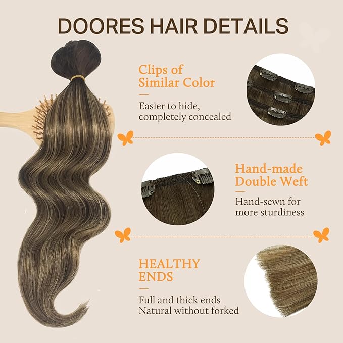 DOORES Balayage Clip in Human Hair Extensions Chocolate Brown to Caramel Blonde Remy Hair Clip in Extensions Straight Natural Hair Extensions 7pcs 120g 22 Inch